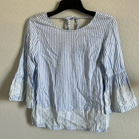 Francesca's Blue Rain Blue & White Striped Top with Lace Accents - Picture 1 of 3